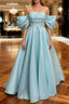 Blue Satin Off Shoulder Long Party Dresses, A-line Blue Prom Dresses