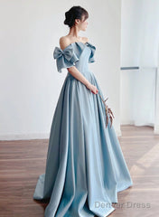 Blue Satin Off Shoulder Long Prom Dress With Bow, A-Line Party Dress