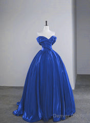 Blue Satin Off Shoulder Sweetheart Party Dress, Blue Long Evening Dress Prom Dress