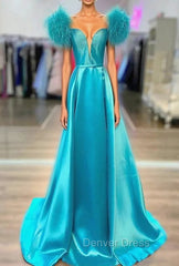 Blue Satin Off the Shoulder Feather Prom Dresses