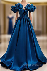 Blue Satin Off the Shoulder Prom Dresses