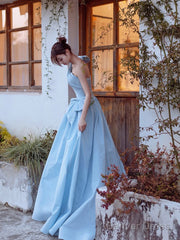 Blue Satin One Shoulder Floor Length Prom Dress, Blue A-Line Evening Party Dress