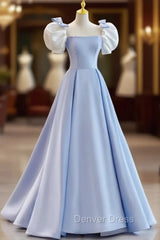 Blue Satin Puf Sleeve Bow Prom Dresses
