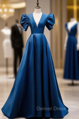 Blue Satin Puff Sleeve Backless Prom Dresses