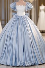 Blue Satin Puff Sleeve Bow Quinceanera Dresses