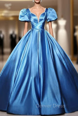 Blue Satin Puff Sleeve Pearls Quinceanera Dresses