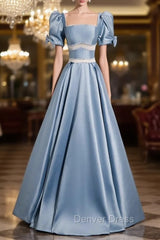 Blue Satin Puff Sleeve Square Beading Prom Dresses