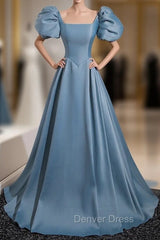 Blue Satin Puff Sleeve Square Neck Prom Dresses