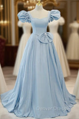 Blue Satin Puff Sleeve Square Prom Dresses