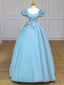 Blue Satin Puff Sleeves Long Prom Gown, Blue Long Sweet 16 Dress