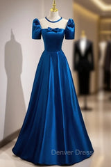 Blue Satin See Through Neck Short Sleeve Prom Dresses