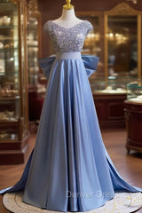 Blue Satin Sequins V-neck Prom Dresses