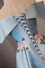 Blue Satin Short Party Dresses With Flowers, Blue Knee Length Homecoming Dresses