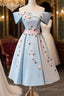 Blue Satin Short Prom Dress With Flowers, Blue Knee Length Homecoming Dresses
