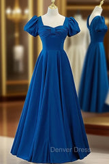 Blue Satin Short Sleeve Pleats Prom Dresses