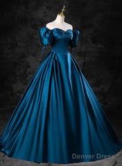 Blue Satin Short Sleeves Sweetheart Long Party Dress, Blue A-Line Prom Dress Evening Dress