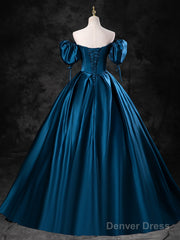 Blue Satin Short Sleeves Sweetheart Long Party Dress, Blue A-Line Prom Dress Evening Dress