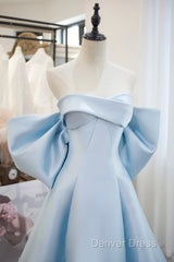 Blue Satin Spaghetti Strap Long Prom Dresses With Big Bow, Blue A-Line Evening Party Dresses
