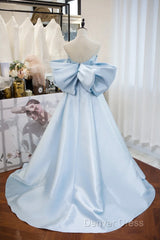 Blue Satin Spaghetti Strap Long Prom Dresses With Big Bow, Blue A-Line Evening Party Dresses