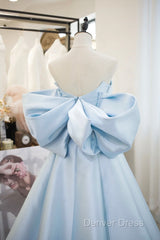 Blue Satin Spaghetti Strap Long Prom Dresses With Big Bow, Blue A-Line Evening Party Dresses