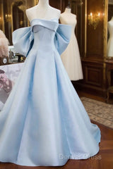 Blue Satin Spaghetti Strap Long Prom Dresses With Big Bow, Blue A-Line Evening Party Dresses