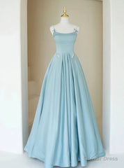 Blue Satin Spaghetti Straps Pearls Prom Dress