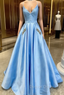 Blue Satin Spaghetti Straps Pocket Beading Prom Dresses