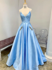 Blue Satin Spaghetti Straps Pocket Beading Prom Dress
