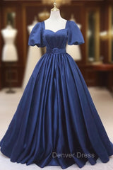 Blue Satin Square Neck Puff Sleeve Pleats Prom Dresses