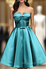 Blue Satin Strapless Bow Homecoming Dresses