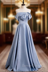 Blue Satin Strapless Pearls Long Prom Dresses