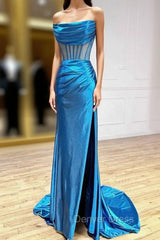 Blue Satin Strapless Pleats Split Prom Dresses