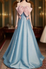 Blue Satin Strapless Prom Dresses With Pink Bow