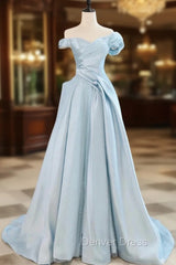 Blue Satin Tulle Off the Shoulder Prom Dresses