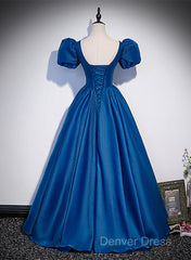 Blue Satin V-Neckline Short Sleeves Long Formal Dresses, Blue Satin Prom Dresses