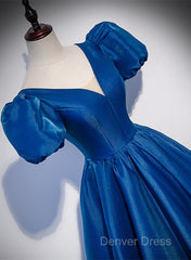 Blue Satin V-Neckline Short Sleeves Long Formal Dresses, Blue Satin Prom Dresses