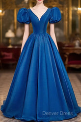 Blue Satin V-Neckline Short Sleeves Long Formal Dresses, Blue Satin Prom Dresses