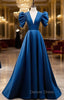 Blue Satin V Neckline Short Sleeves Prom Dress Blue A Line Prom Dress shops