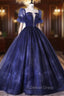 Blue Scoop Neckline Tulle Long Prom Dresses, A Line Short Sleeve Prom Gowns