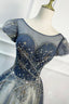 Blue Scoop Neckline Tulle Long Prom Dress with Beaded, A Line Prom Dresses