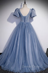Blue Scoop Tulle Long Prom Dresses, A-Line Short Sleeve Formal Dresses