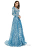 Blue Sequin With Detachable Train Long Sleeves Mermaid Prom Dresses