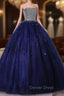 Blue Sequins and Beaded Ball Gowns Tulle Lace up Prom Dress,Blue Prom Dress