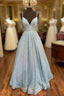 Blue Sequins Long A-Line Prom Dresses, V-Neck Shiny Evening Party Dresses