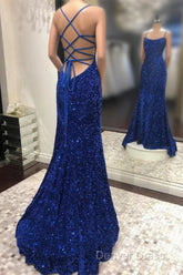 Blue Sequins Long Prom Dresses Mermaid Evening Dresses