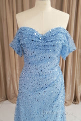 Blue Sequins Off Shoulder Sweep Train Party Dresses, Blue Sweetheart Long Formal Dresses
