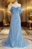 Blue Sequins Off Shoulder Sweep Train Prom Dress, Blue Sweetheart Long Prom Dresses