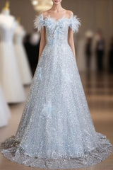 Blue Sequins Off the Shoulder 3D Flower Prom Dresses