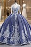 Blue Sequins Spaghetti Straps Appliques Prom Dresses