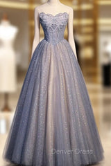 Blue Sequins Tulle Strapless Beading Prom Dresses